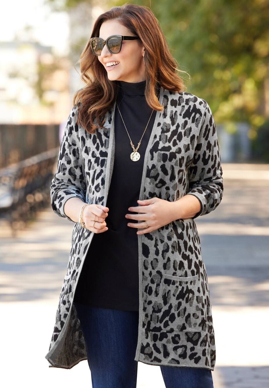 Catherines Womens Plus Luxe Sweater Cardigan Long Length Grey Animal Print 4X